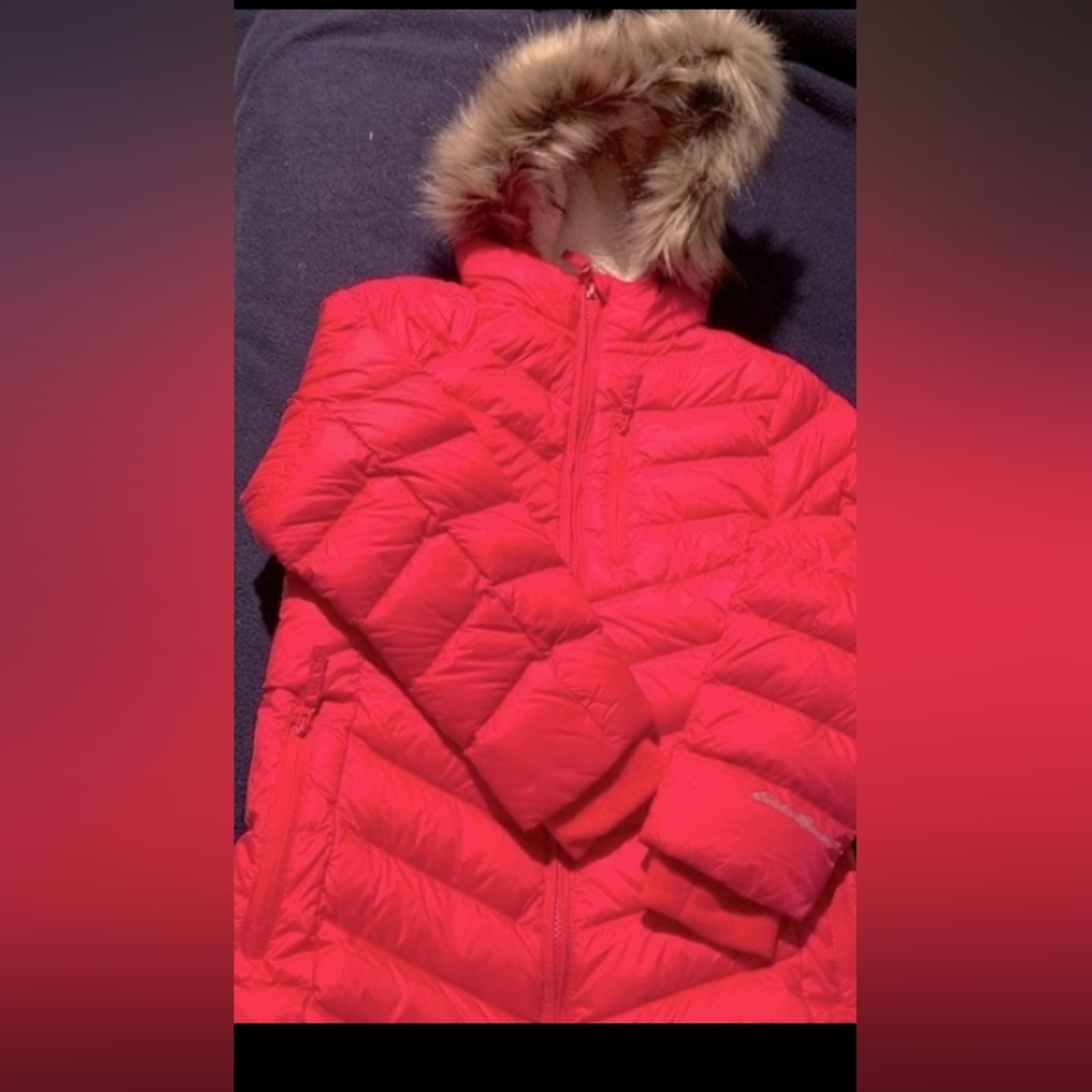 🎄☃️ Eddie Bauer Parka Coat Girl's Sun Valley, Down Jacket Fur Hood Fuchsia ⛄❄️ - Picture 9 of 12